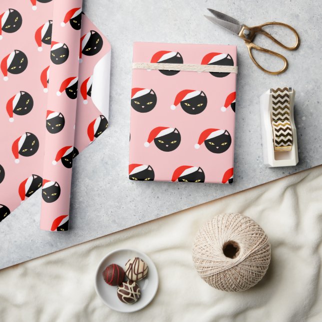 Cute Black Cat Santa Red Mönster Rosa jul Presentpapper (Hantverk)