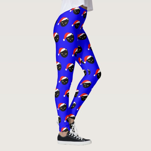 Cute Black Cat Santa Royal Blue Ugly jul Leggings (Höger)