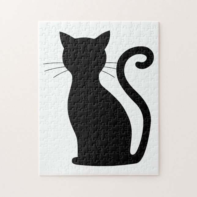 Cute Black Cat Silhouette Roligt Black and White Pussel (Vertikal)