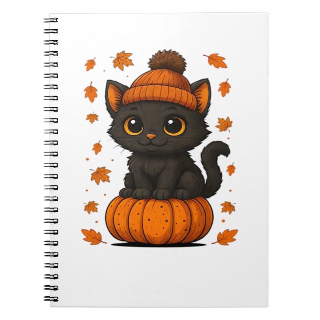 Cute Black Cat Sitta på Pumpkin Fall Aesthetic A Anteckningsbok (Framsidan)
