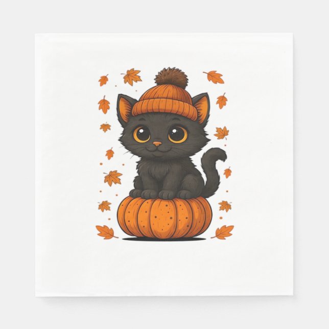 Cute Black Cat Sitta på Pumpkin Fall Aesthetic A Pappersservett (Framsidan)
