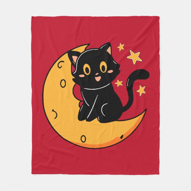 Cute Black cat sitta vid måne Fleecefilt (Framsidan)