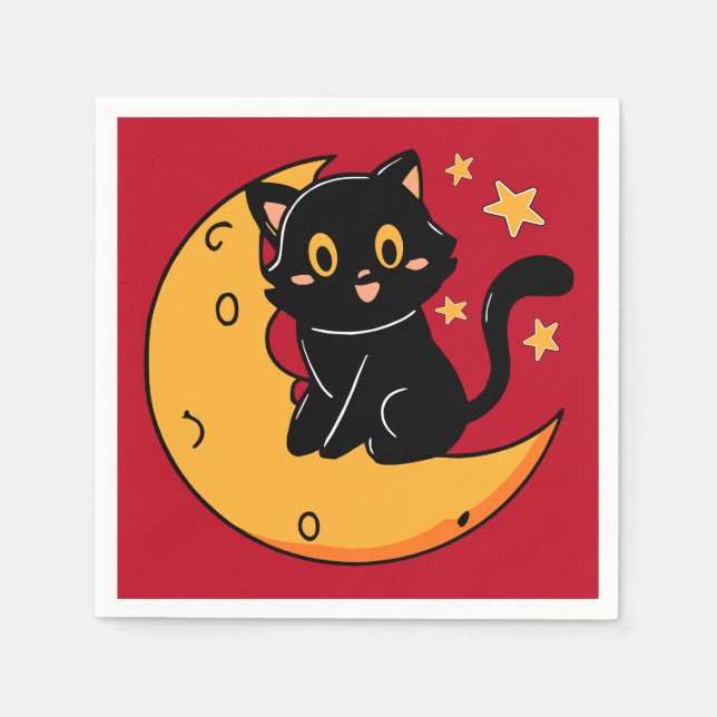 Cute Black cat sitta vid måne Pappersservett (Framsidan)