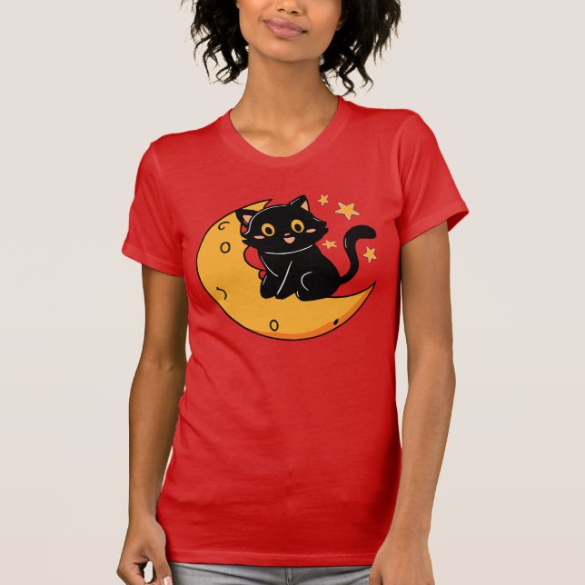 Cute Black cat sitta vid måne T Shirt (Framsida)
