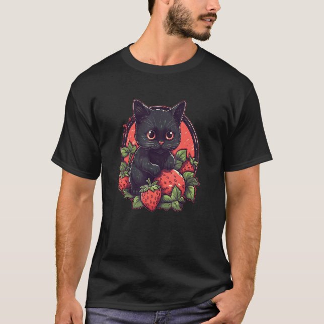 Cute black cat sitting on a patch of strawberries  t shirt (Framsida)