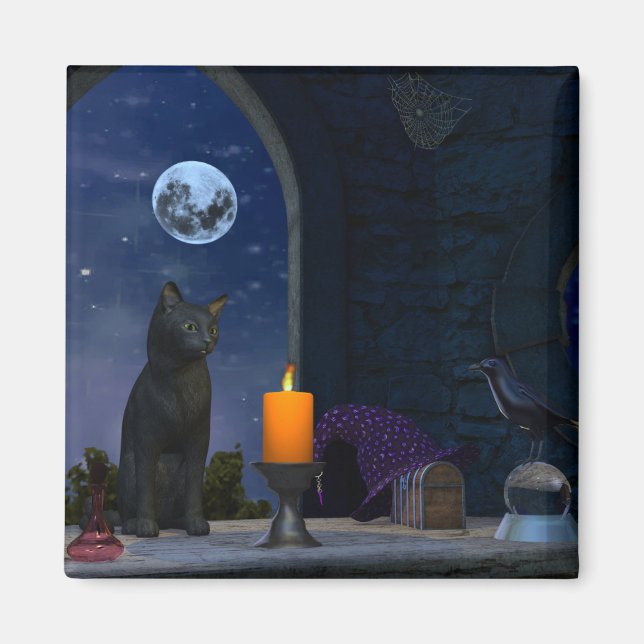 Cute Black Cat Staring i ett ljus Magnet (Framsidan)