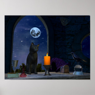 Cute Black Cat Staring i ett ljus Poster