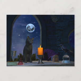 Cute Black Cat Staring i ett ljus Vykort