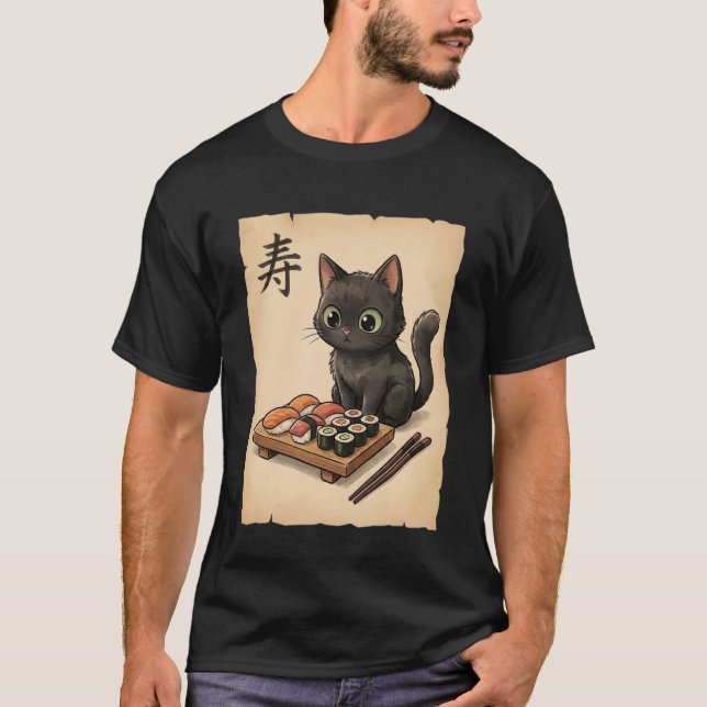 Cute Black Cat Sushi Cartoon Japanese Kawaii Anime T Shirt (Framsida)