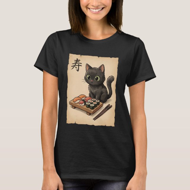 Cute Black Cat Sushi Cartoon Japanese Kawaii Anime T Shirt (Framsida)