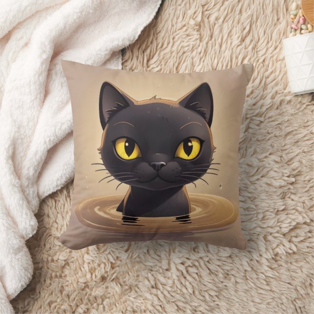 Cute Black Cat Swimming Decorative Art Kudde (Filt)