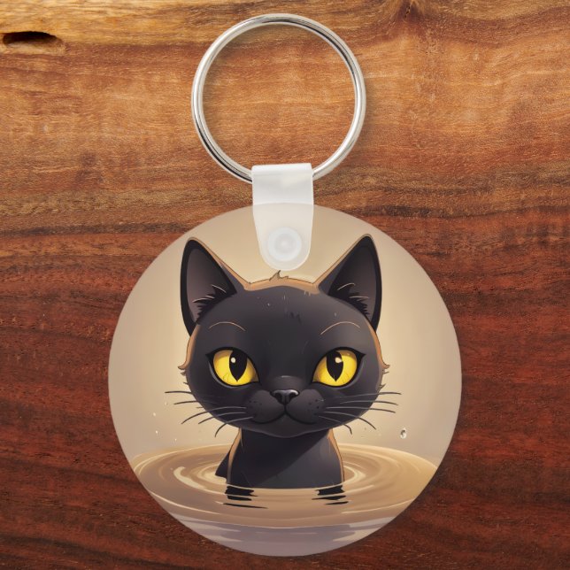 Cute Black Cat Swimming Decorative Art Nyckelring (Baksida)