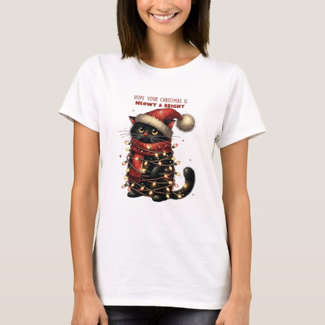 Cute Black Cat Tangled på Ljuset jul T Shirt (Framsida)