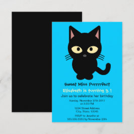 Cute Black cat tecknad Blue Girl födelsedagsfest Inbjudningar