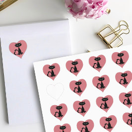 Cute Black Cat Tecknad Kattunge Rosa Heart Sticker Hjärtformat Klistermärke