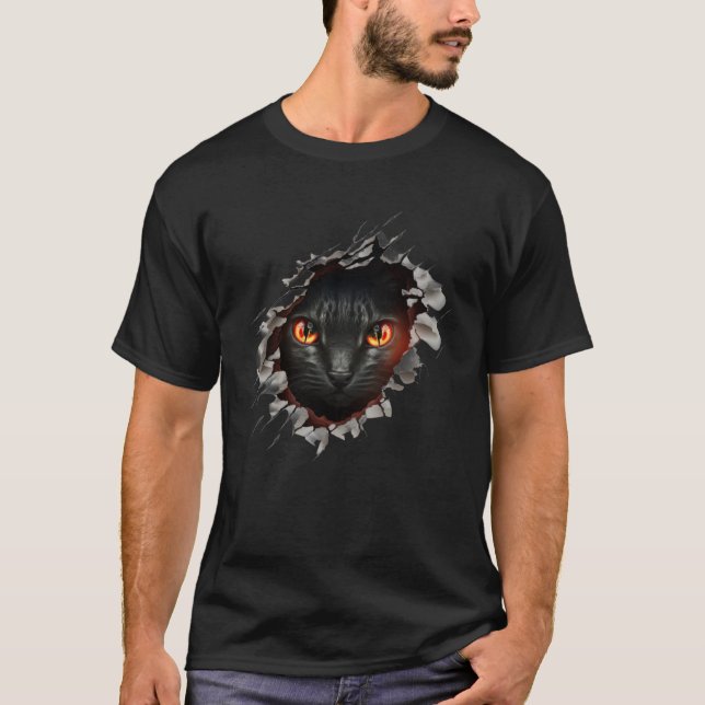 Cute Black Cat Torn Hole T Shirt (Framsida)