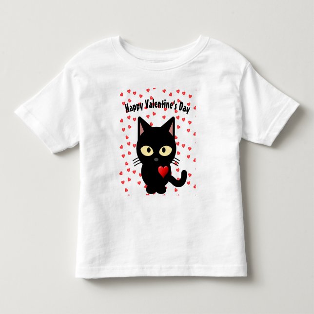 Cute Black Cat Valentine Day Helgdag Hearts T Shirt (Framsida)