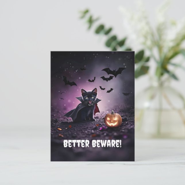 Cute Black Cat Vampire Halloween Helg Vykort (Stående Fram)