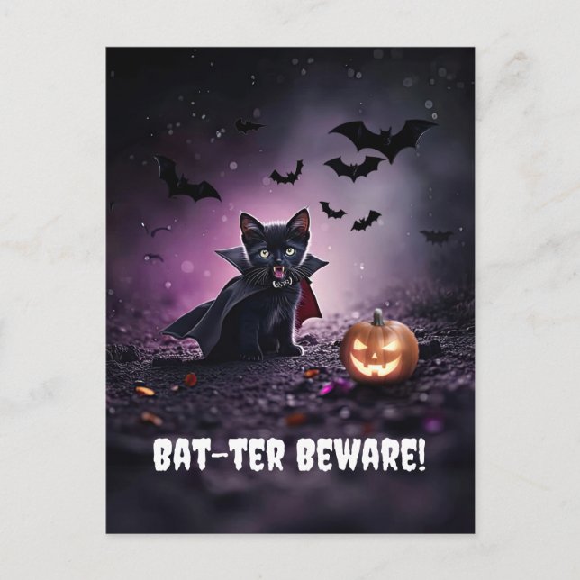 Cute Black Cat Vampire Halloween Helg Vykort (Framsida)