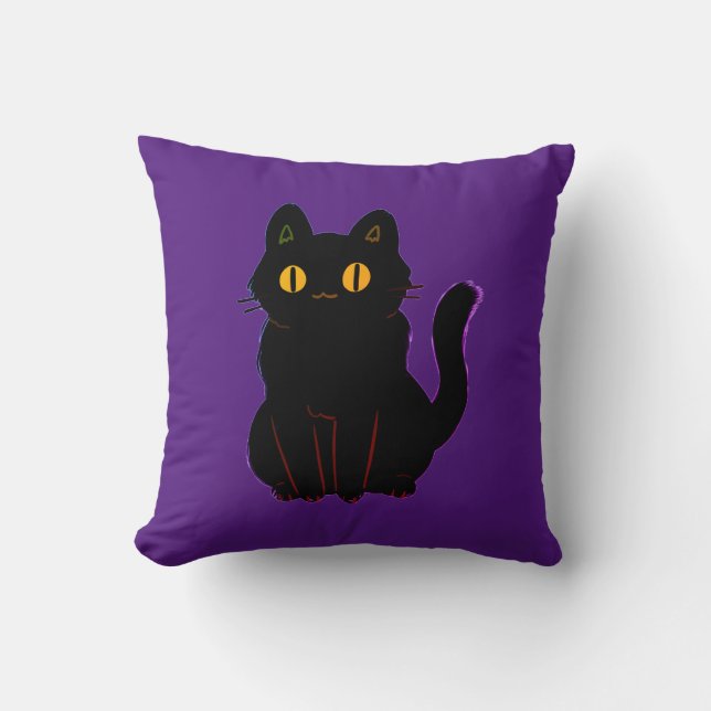 Cute Black Cat vid Lila Dekorativ kudde (Framsida)
