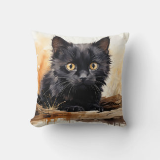 Cute Black Cat Watercolor Art Kudde