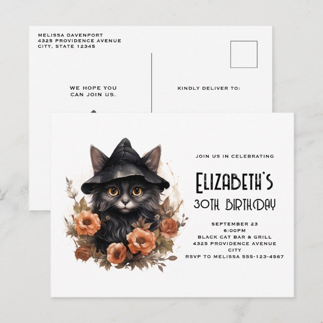 Cute Black Cat Witch Hat Birthday-inbjudan Vykort (Fram/baksida)