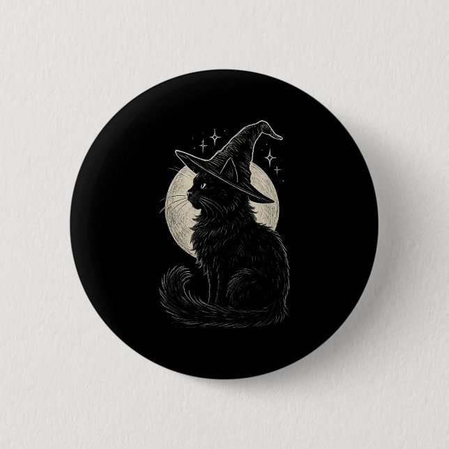 Cute Black Cat Witch Hat Måne Retro Coquette Boho Knapp (Framsida)