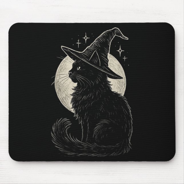 Cute Black Cat Witch Hat Måne Retro Coquette Boho Musmatta (Framsidan)