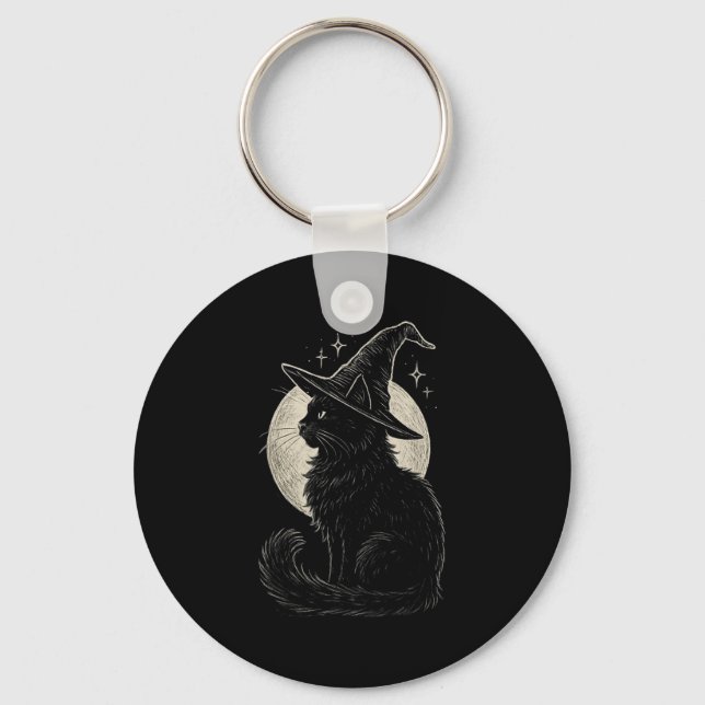 Cute Black Cat Witch Hat Måne Retro Coquette Boho Nyckelring (Framsida)