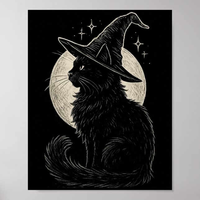 Cute Black Cat Witch Hat Måne Retro Coquette Boho Poster (Framsidan)