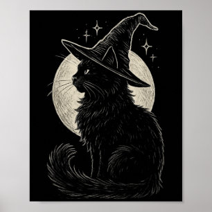 Cute Black Cat Witch Hat Måne Retro Coquette Boho Poster