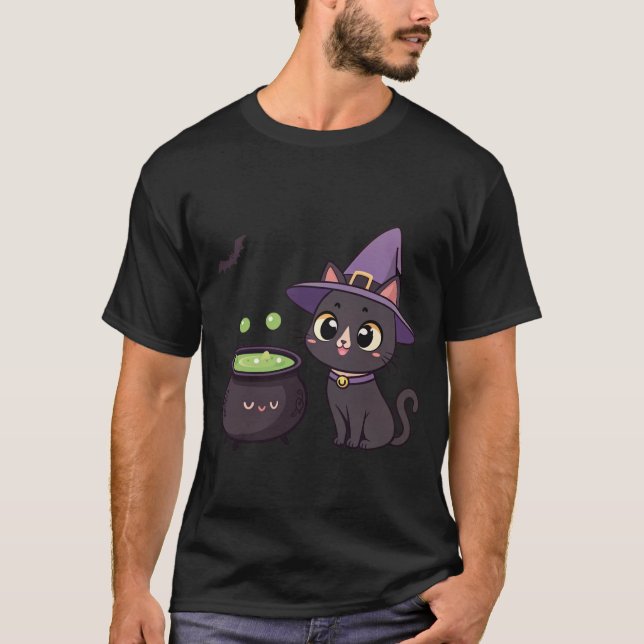 Cute Black Cat Witch med Magic Potion Illustratio T Shirt (Framsida)
