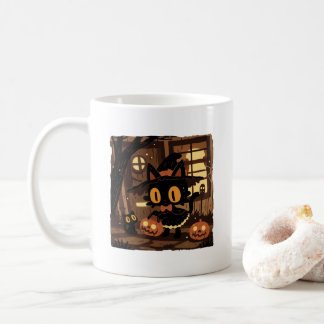 Cute Black Cat Witch med Pumpkin Bucket Kaffemugg