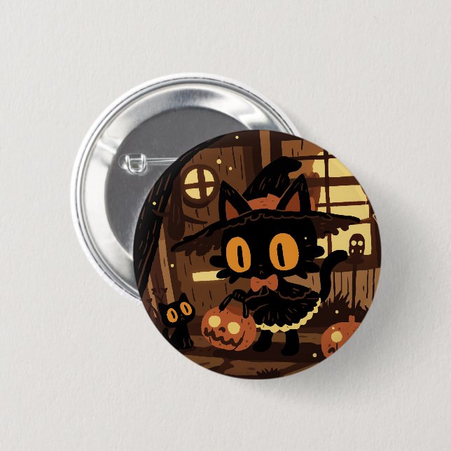 Cute Black Cat Witch med Pumpkin Bucket Knapp (Framsida & baksida)