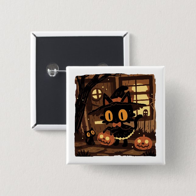 Cute Black Cat Witch med Pumpkin Bucket Knapp (Framsida & baksida)