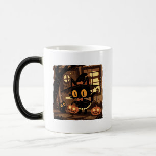 Cute Black Cat Witch med Pumpkin Bucket Magisk Mugg