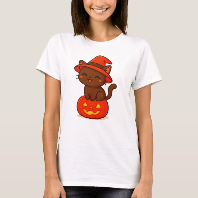 Cute Black Cat Witch på Pumpkin Halloween T Shirt (Framsida)