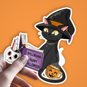 Cute Black Cat Witch Reading Spell Bok Halloween Klistermärken