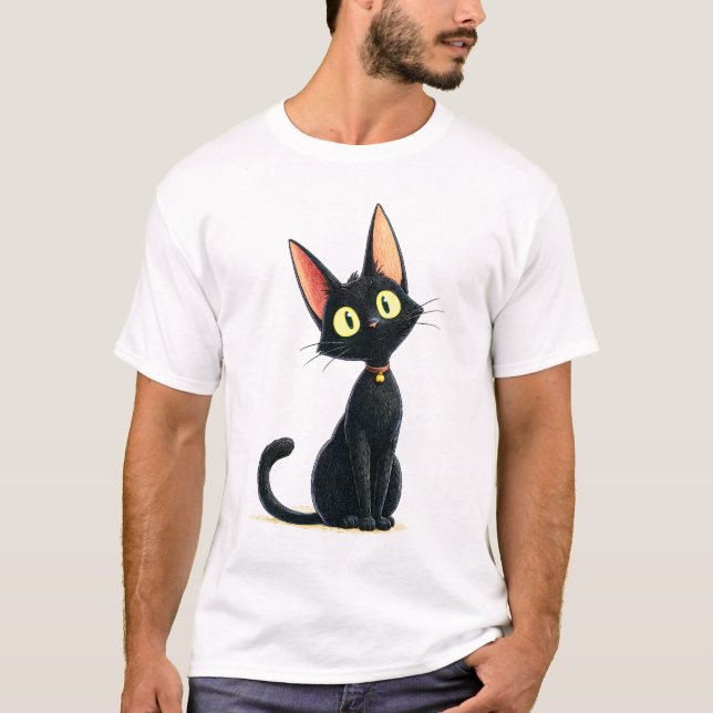 Cute Black Cat with Big Ears T Shirt (Framsida)