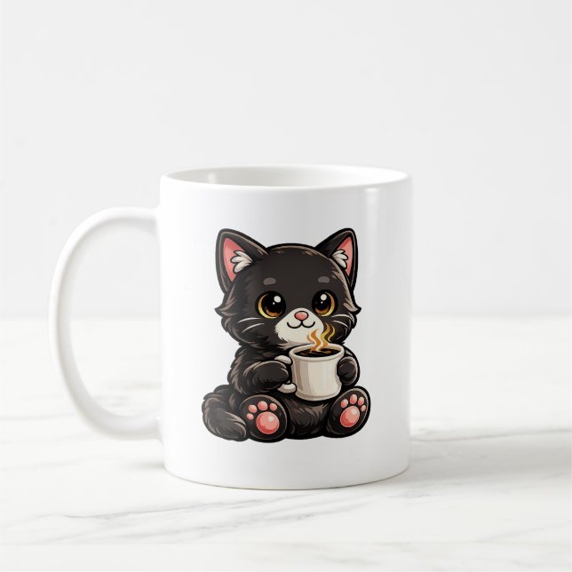 Cute Black Cat with Coffee Kaffemugg (Vänster)