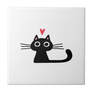Cute Black Cat with Heart  Kitten Valentine Classi Kakelplatta