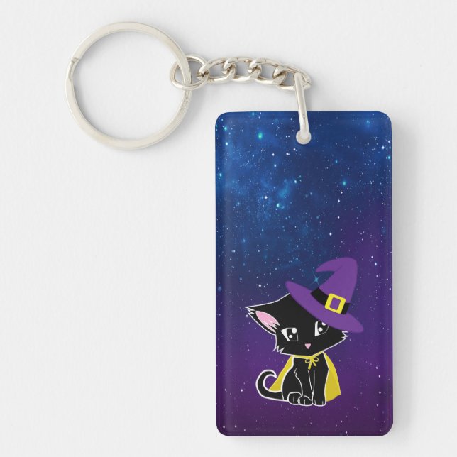 Cute Black Cat Wizard Under the Stars Keychain (Framsidan)