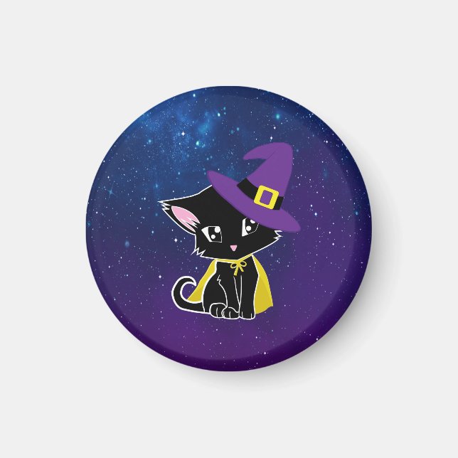Cute Black Cat Wizard Under the Stars Keychain Magnet (Framsidan)