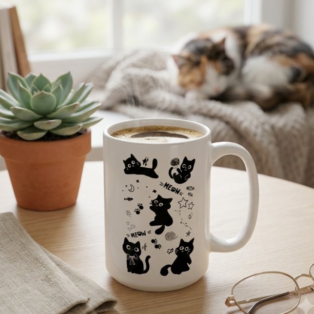 Cute Black Cats Doodles Pattern Kawaii Meow Kaffemugg (Skapare uppladdad)