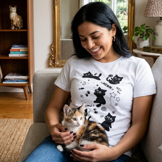 Cute Black Cats Doodles Pattern Kawaii Meow T Shirt (Skapare uppladdad)