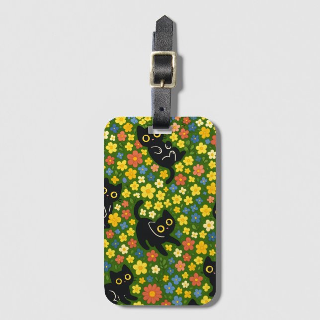 Cute Black Cats Floral Meadow Pattern Bagagebricka (Framsida vertikal)