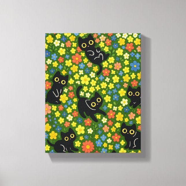 Cute Black Cats Floral Meadow Pattern Canvastryck (Framsida)