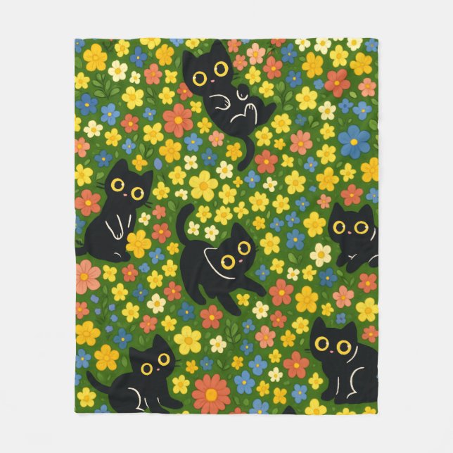 Cute Black Cats Floral Meadow Pattern Fleecefilt (Framsidan)