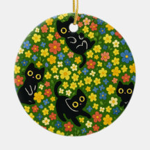 Cute Black Cats Floral Meadow Pattern