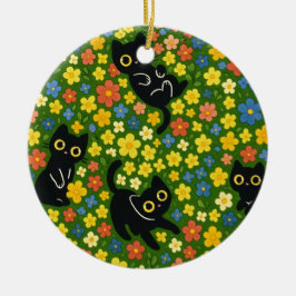 Cute Black Cats Floral Meadow Pattern Julgransprydnad Keramik